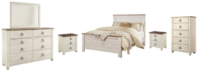 Cama Willowton Queen con paneles, tocador, espejo, cómoda y dos mesitas de noche