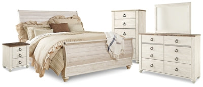 Cama Willowton King tipo trineo, tocador, espejo, cómoda y mesita de noche