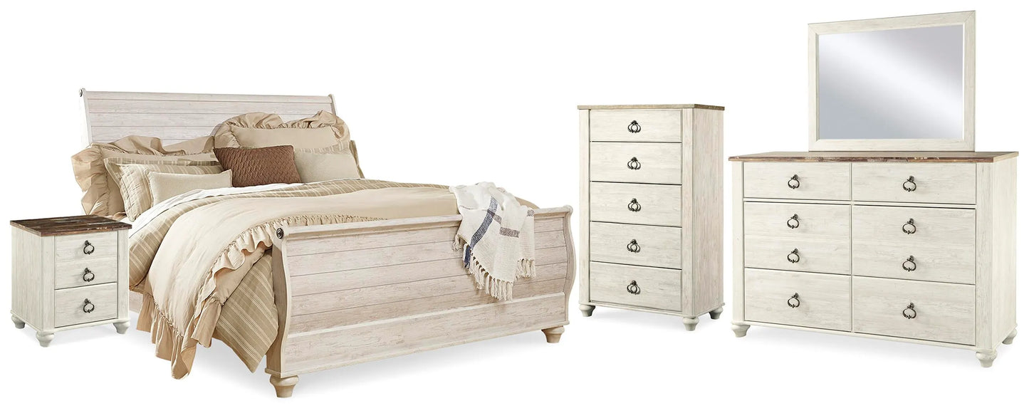 Cama Willowton King tipo trineo, tocador, espejo, cómoda y dos mesitas de noche