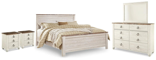 Willowton King Panel Bed, Dresser, Mirror and 2 Nightstands