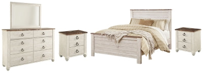 Cama Willowton Queen con paneles, tocador, espejo y dos mesitas de noche