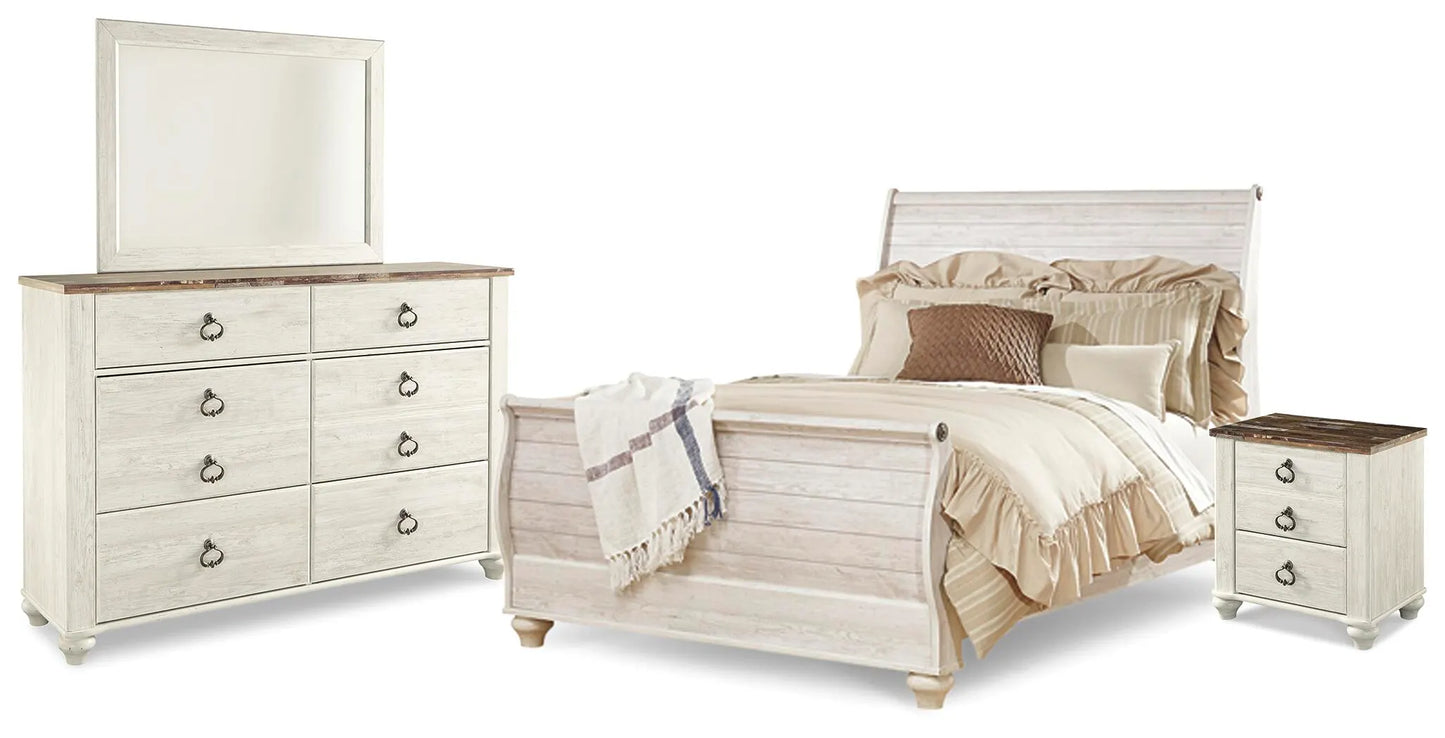 Cama Willowton Queen tipo trineo con tocador con espejo y mesita de noche