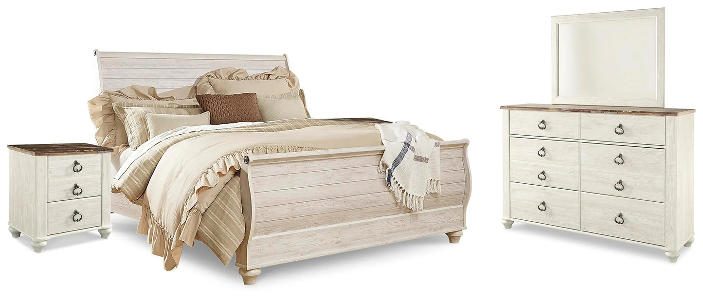 Cama Willowton King tipo trineo, tocador, espejo y dos mesitas de noche
