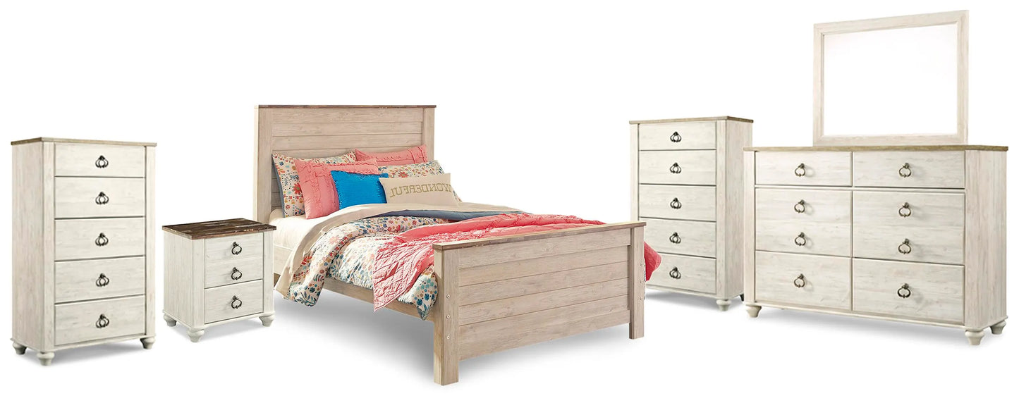 Cama Willowton con paneles completos, tocador, espejo, dos cómodas y mesita de noche