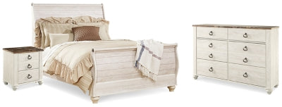 Cama Queen tipo trineo Willowton, cómoda y mesita de noche