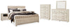 Cama Bellaby King con paneles, tocador, espejo, cómoda y dos mesitas de noche