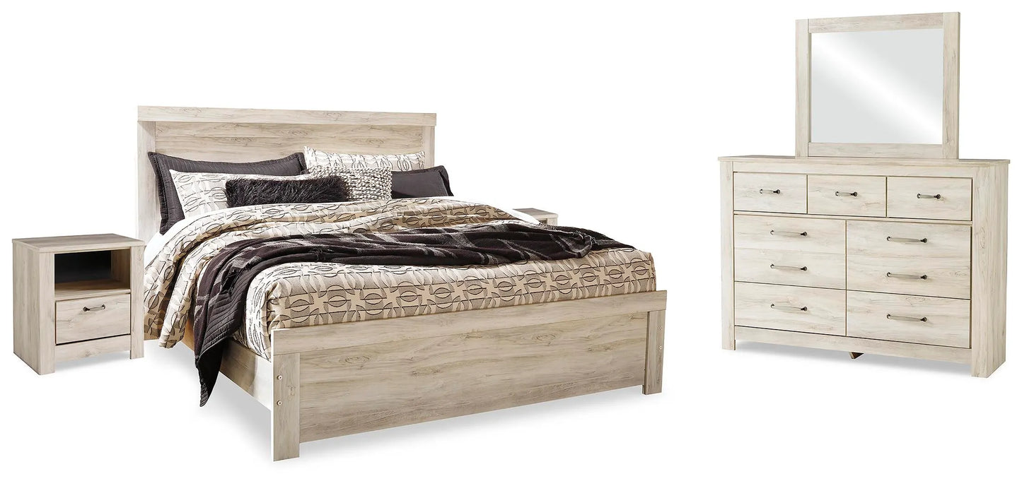 Cama Bellaby King con paneles, tocador, espejo y dos mesitas de noche