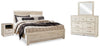 Cama Bellaby King con paneles, tocador, espejo y dos mesitas de noche