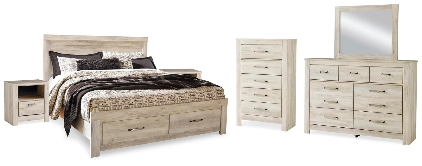 Cama Bellaby King con almacenaje, tocador, espejo, cómoda y dos mesitas de noche