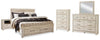 Cama Bellaby King con almacenaje, tocador, espejo, cómoda y dos mesitas de noche