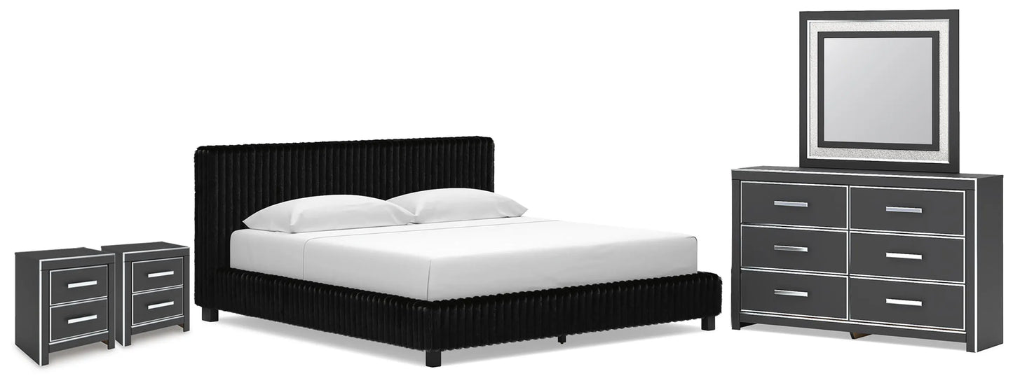 Birmonton King Upholstered Bed, Dresser, Mirror and 2 Nightstands