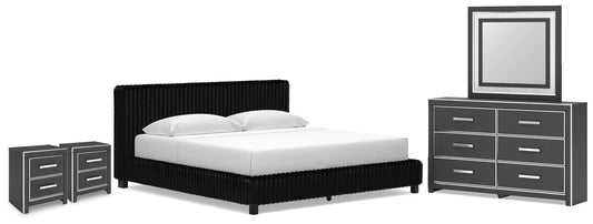 Birmonton King Upholstered Bed, Dresser, Mirror and 2 Nightstands
