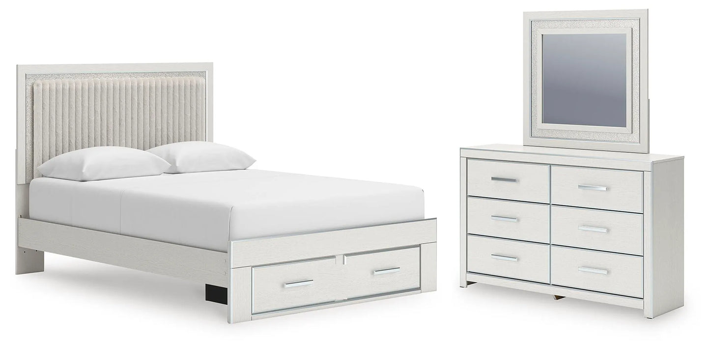 Birmonton Queen Upholstered Panel Platform Storage Bed, Dresser and Mirror