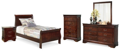 Cama doble tipo trineo Alisdair, tocador, espejo, cómoda y mesita de noche