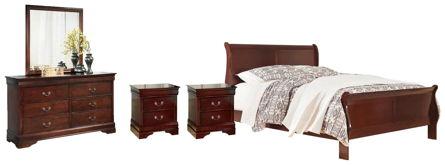 Cama Queen tipo trineo Alisdair, tocador, espejo, cómoda y dos mesitas de noche