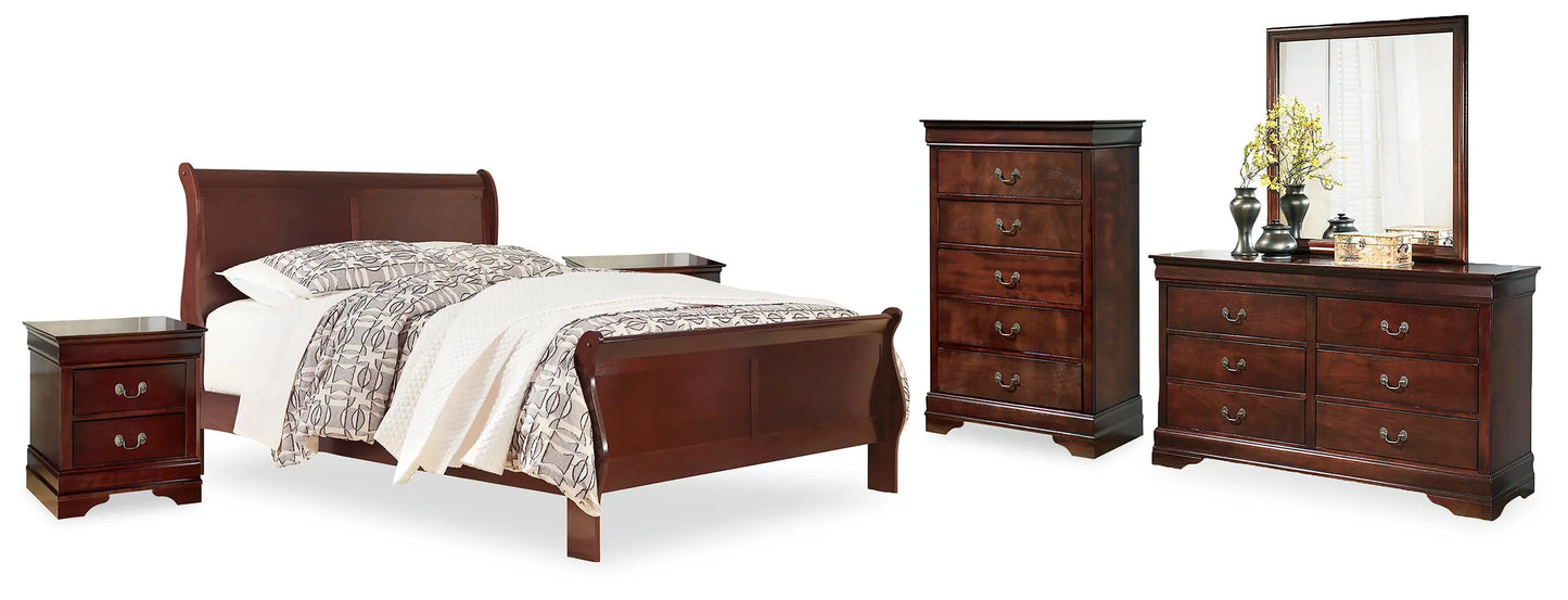 Cama Alisdair King tipo trineo, tocador, espejo, cómoda y dos mesitas de noche
