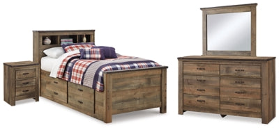 Cama con librería doble Trinell, cómoda, espejo y mesita de noche con almacenaje