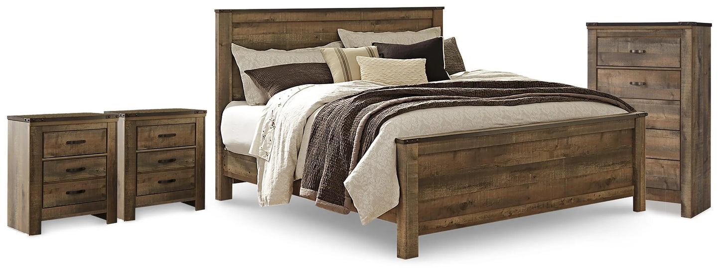 Cama King Trinell con paneles, cómoda y dos mesitas de noche