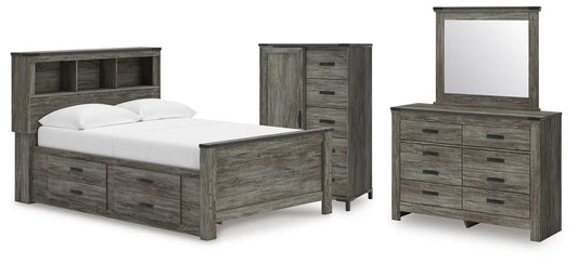 Frandern Full Bookcase Panel Bed with Storage, Dresser, Mirror and Chest