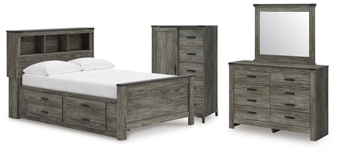 Frandern Full Bookcase Panel Bed with Storage, Dresser, Mirror and Chest