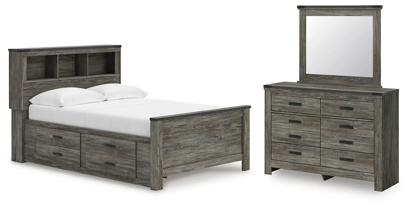 Frandern Full Bookcase Bed with Storage, Dresser and Mirror