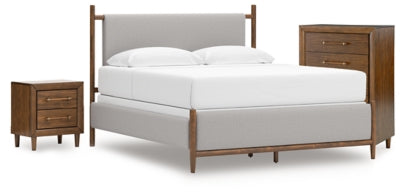 Cama, cómoda y mesita de noche tapizadas Lyncott King