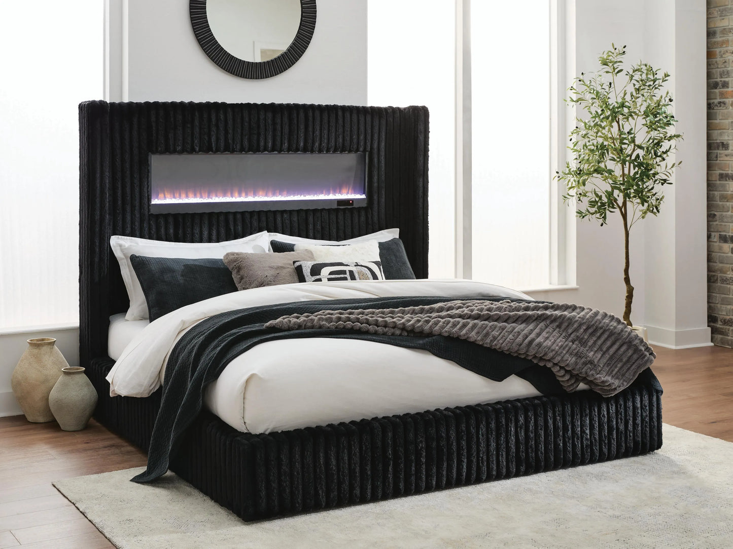 Agrander Queen Upholstered Bed with Fireplace and Wireless Audio