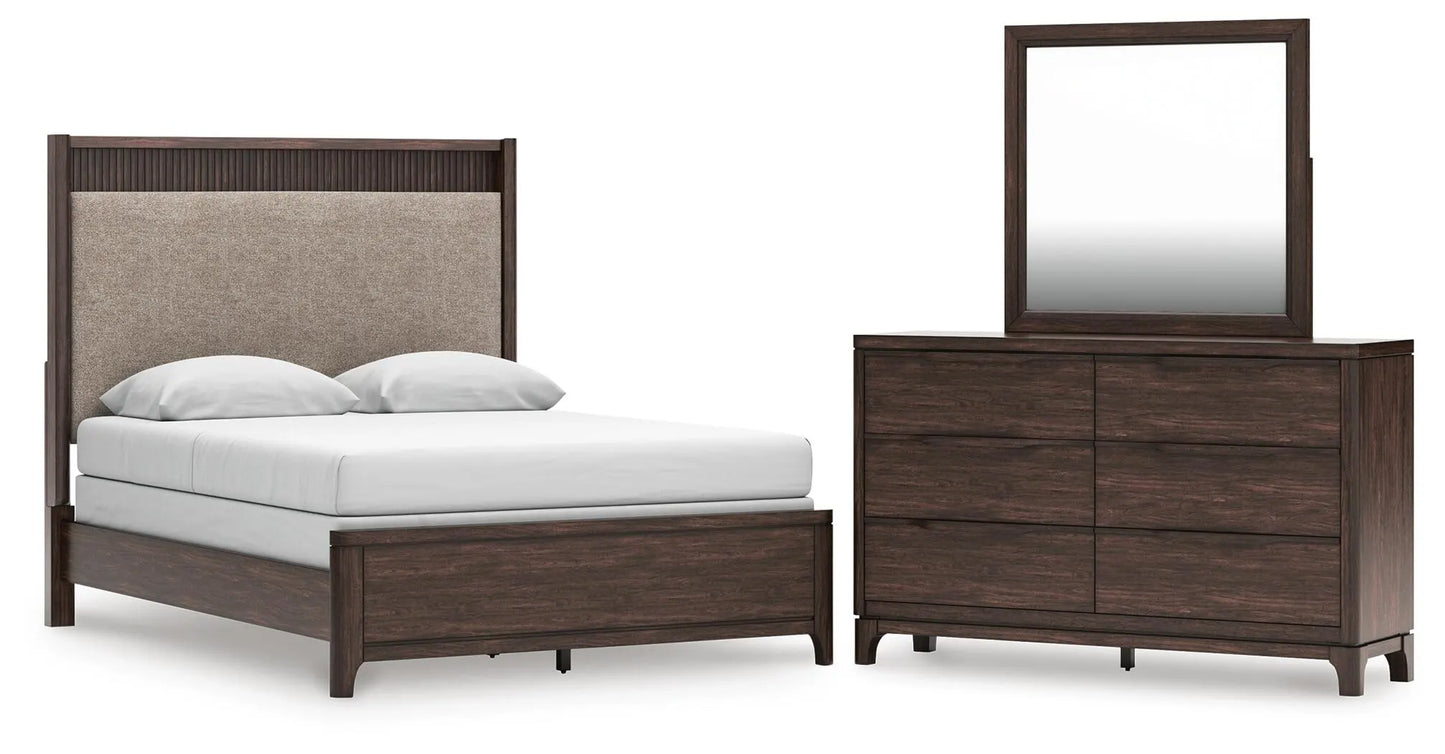 Korestone Queen Upholstered Panel Bed, Dresser and Mirror