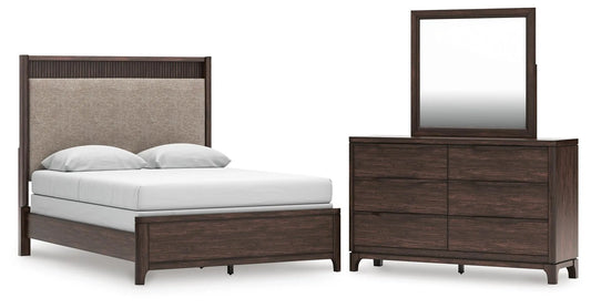 Korestone Queen Upholstered Panel Bed, Dresser and Mirror