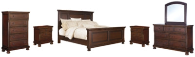 Cama Porter Queen con paneles, tocador, espejo, cómoda y dos mesitas de noche