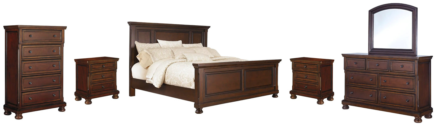 Cama Porter Queen con paneles, tocador, espejo, cómoda y dos mesitas de noche