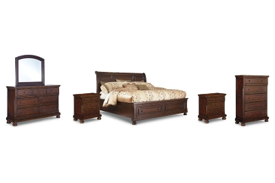 Porter Queen Sleigh Storage Bed, Dresser, Mirror, Chest, and 2 Nightstands