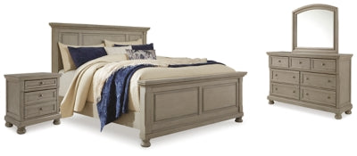 Cama Lettner King con paneles, cómoda, espejo y dos mesitas de noche