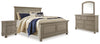 Cama Lettner King con paneles, cómoda, espejo y dos mesitas de noche