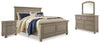 Cama Lettner King con paneles, cómoda, espejo y dos mesitas de noche