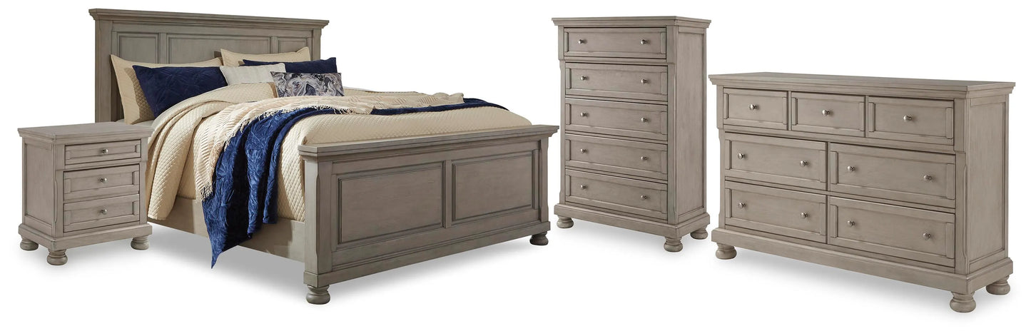 Cama Lettner California King con paneles, cómoda, arcón y dos mesitas de noche