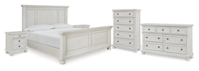 Cama Queen Robbinsdale con paneles, cómoda, arcón y dos mesitas de noche