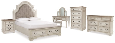Cama con paneles tapizados Queen Realyn, tocador, cómoda, mesita de noche y juego de tocador