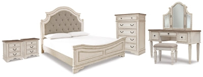 Cama King con paneles Realyn, tocador, cómoda y dos mesitas de noche