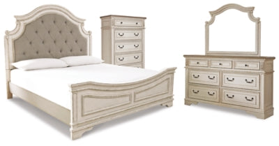 Cama Queen con paneles, tocador, espejo y cómoda Realyn