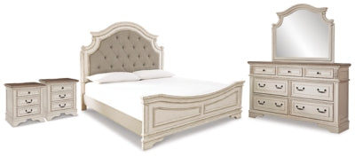 Cama King con paneles Realyn, tocador, espejo y dos mesitas de noche