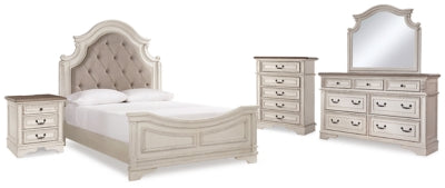 Cama Queen tapizada Realyn con paneles, tocador, espejo, cómoda y mesita de noche