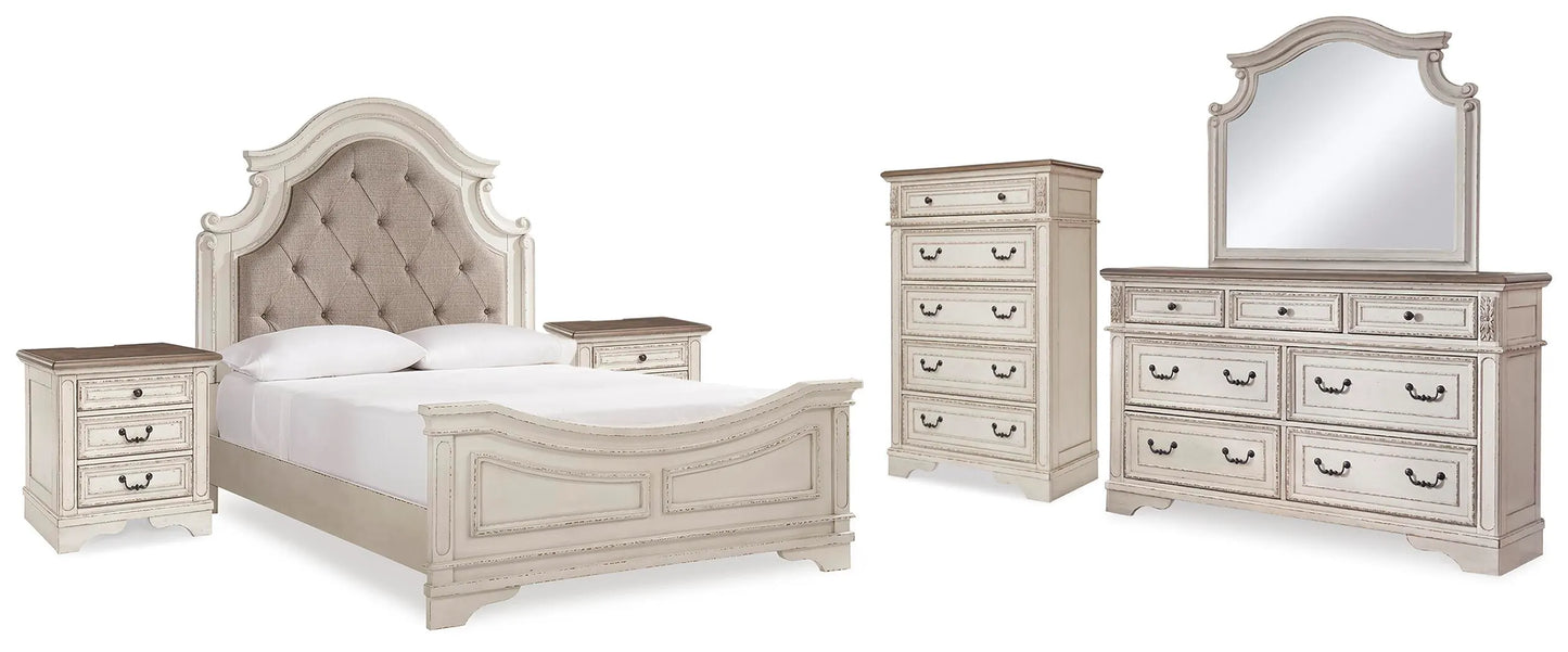 Cama Queen tapizada Realyn con paneles, tocador, espejo, cómoda y dos mesitas de noche