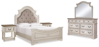 Cama Queen tapizada Realyn con paneles, tocador, espejo y dos mesitas de noche