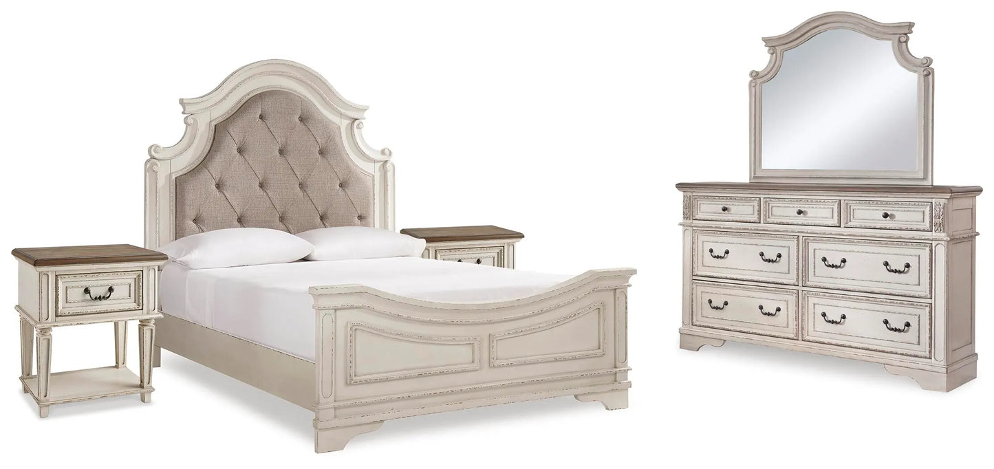 Cama Queen tapizada Realyn con paneles, tocador, espejo y dos mesitas de noche