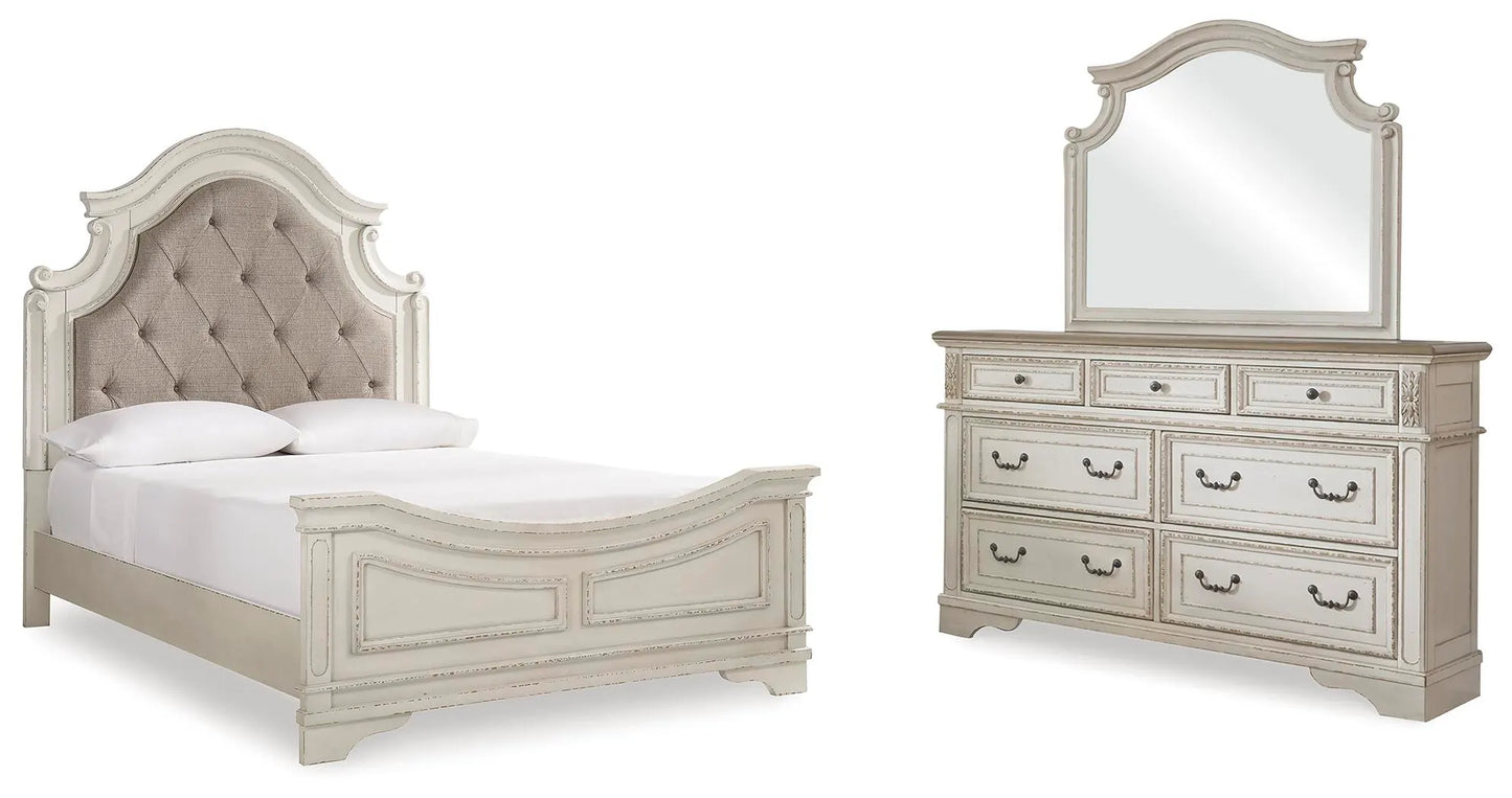 Cama Queen tapizada con paneles, tocador y espejo Realyn