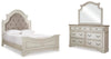 Cama Queen tapizada con paneles, tocador y espejo Realyn
