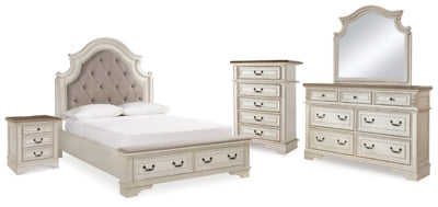 Cama Queen con paneles Realyn, tocador, espejo, cómoda y mesita de noche