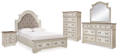 Cama tapizada Queen Realyn, tocador, espejo, cómoda y mesita de noche