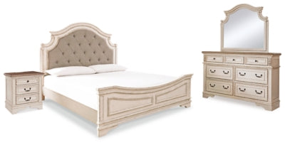 Cama California King con paneles, tocador, espejo y mesita de noche Realyn